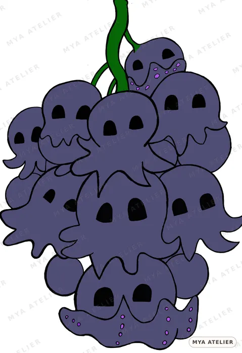 A bunch of grapes where each grape is a small purple ghost.