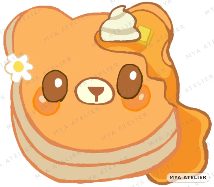 A stack of pancakes shaped like a bear's head, topped with cream and butter.