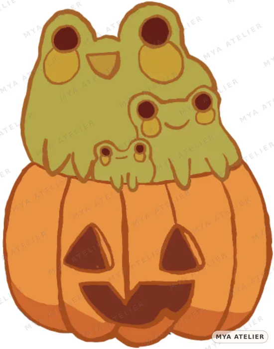 Three frogs slumped over the top of a carved pumpkin.