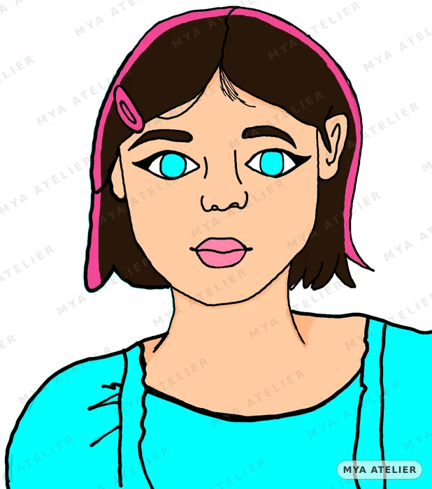 Self portrait: a dark bob with a hot pink streak and clip, bright blue eyes, and a turquoise tank top.