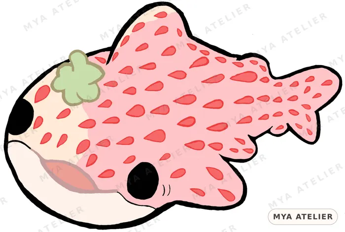 A shark whose body is a strawberry, pink and covered in seeds.